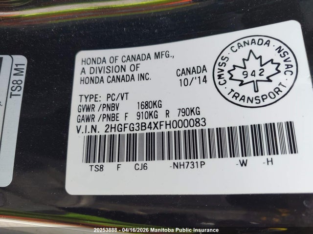 2HGFG3B4XFH000083 Honda CIVIC EX