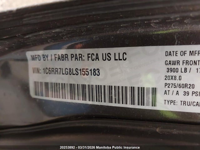 1C6RR7LG8LS155183 Dodge Ram 1500 Slt Crew Cab