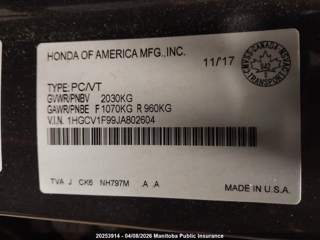 1HGCV1F99JA802604 Honda Accord Touring