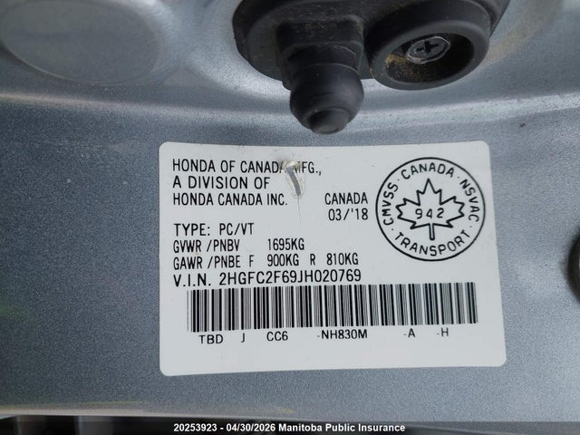 Продаж на аукціоні авто 2018 Honda Civic Se, vin: 2HGFC2F69JH020769, номер лоту: 20253923