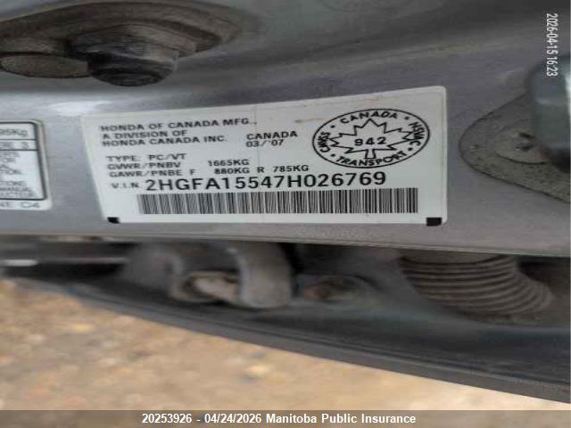 Aukcja sprzedaży 2007 Honda Civic Lx, vin: 2HGFA15547H026769, numer aukcji: 20253926