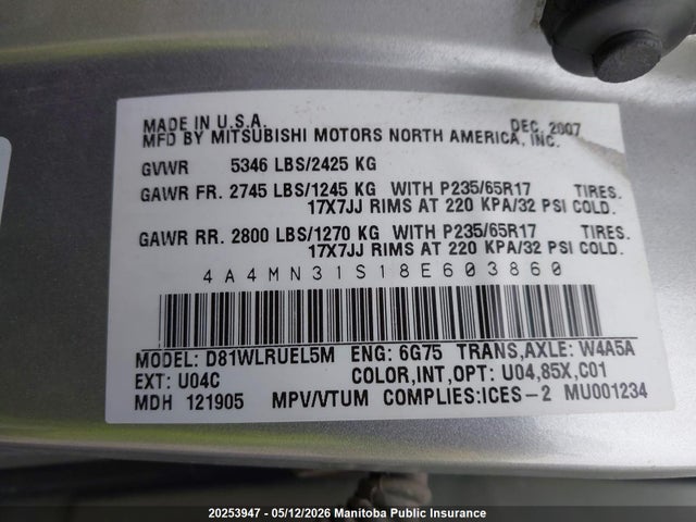 Aukcja sprzedaży 2008 Mitsubishi Endeavor Se, vin: 4A4MN31S18E603860, numer aukcji: 20253947