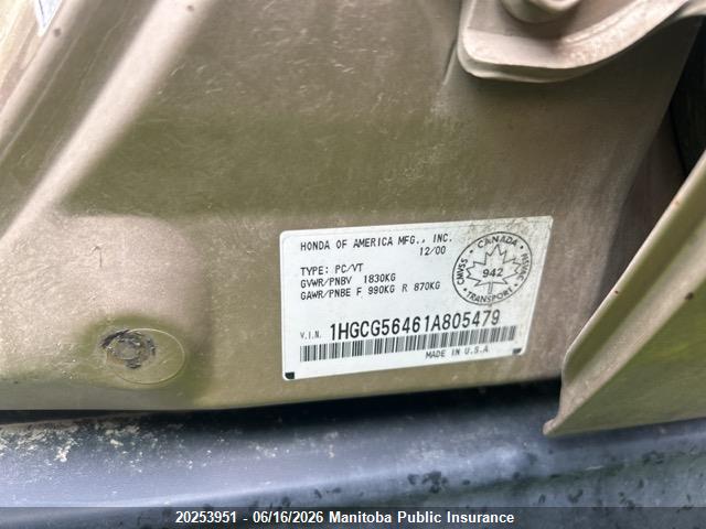 Продаж на аукціоні авто 2001 Honda Accord Lx, vin: 1HGCG56461A805479, номер лоту: 20253951