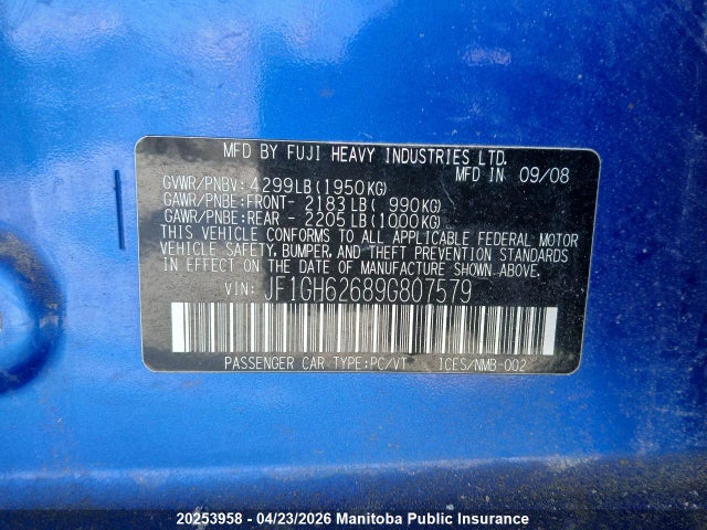 Продажа на аукционе авто 2009 Subaru Impreza 2.5i, vin: JF1GH62689G807579, номер лота: 20253958