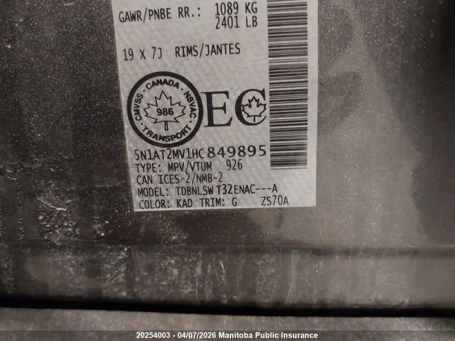 5N1AT2MV1HC849895 Nissan Rogue Sl