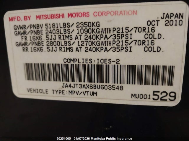 Продажа на аукционе авто 2011 Mitsubishi Outlander Gt, vin: JA4JT3AX6BU603548, номер лота: 20254005
