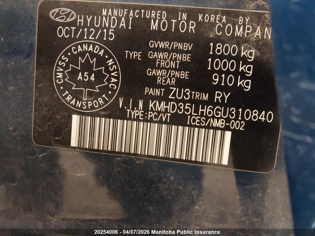 KMHD35LH6GU310840 Hyundai Elantra Gt Gls