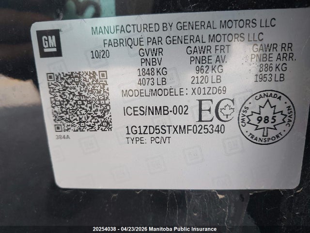 1G1ZD5STXMF025340 Chevrolet MALIBU LT