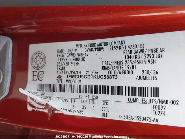 20254057 :رقم المزاد ، 1FMCU9GD1KUC58873 vin ، 2019 Ford Escape Se مزاد بيع