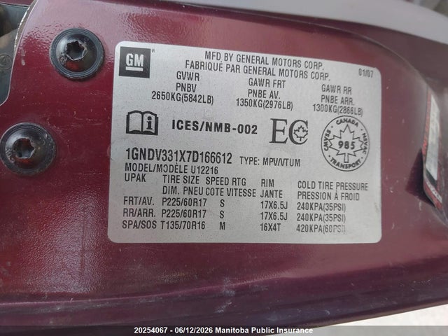 Продаж на аукціоні авто 2007 Chevrolet Uplander Ext, vin: 1GNDV331X7D166612, номер лоту: 20254067