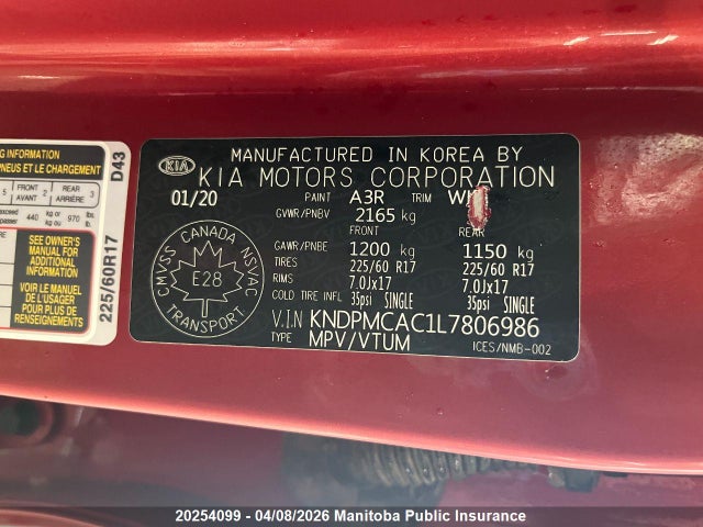 20254099 :رقم المزاد ، KNDPMCAC1L7806986 vin ، 2020 Kia Sportage Lx مزاد بيع
