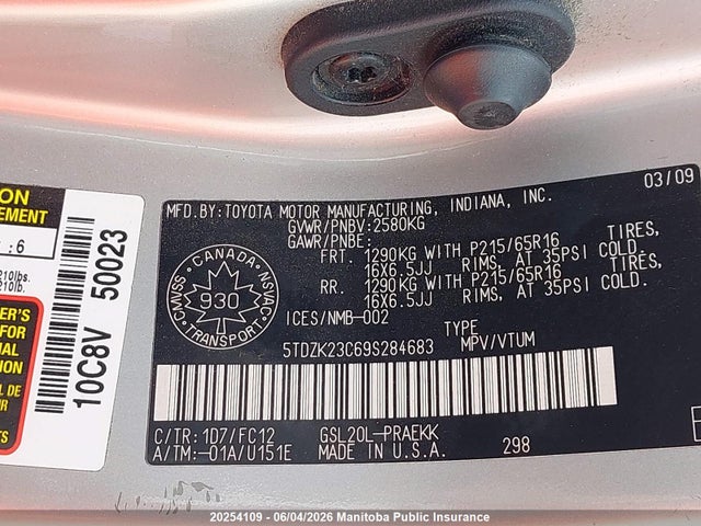 20254109 :رقم المزاد ، 5TDZK23C69S284683 vin ، 2009 Toyota Sienna Le V6 مزاد بيع