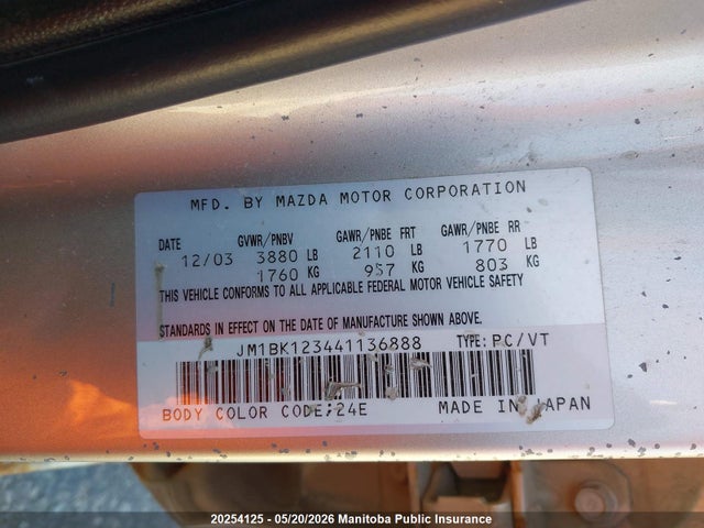 Продажа на аукционе авто 2004 Mazda Mazda3 Gt, vin: JM1BK123441136888, номер лота: 20254125