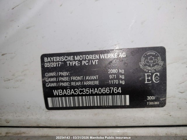 Aukcja sprzedaży 2017 Bmw 3 Series, vin: WBA8A3C35HA066764, numer aukcji: 20254143