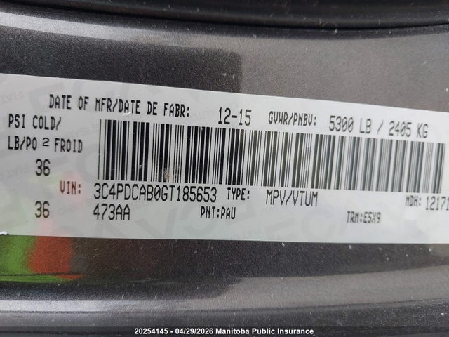 3C4PDCAB0GT185653 Dodge JOURNEY SE