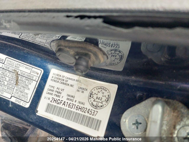 Aukcja sprzedaży 2006 Honda Civic Ex, vin: 2HGFA16316H024537, numer aukcji: 20254147