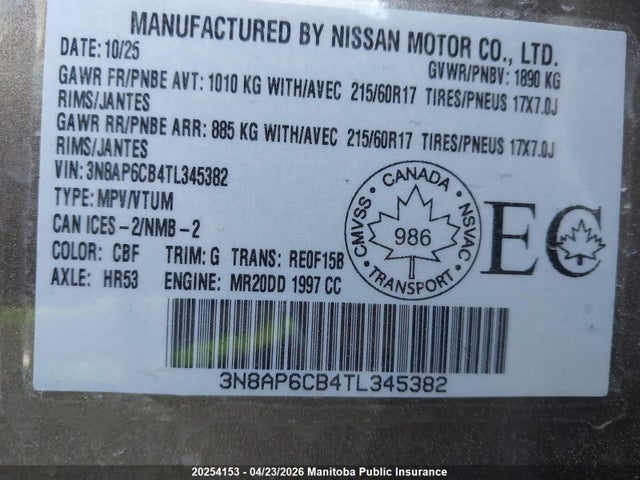 Продаж на аукціоні авто 2026 Nissan Kicks Sv, vin: 3N8AP6CB4TL345382, номер лоту: 20254153
