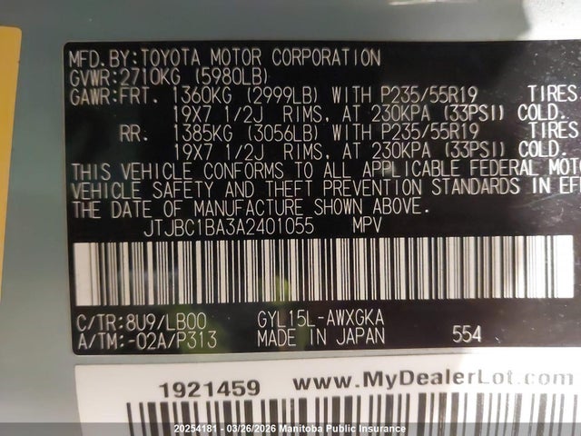 20254181 :رقم المزاد ، JTJBC1BA3A2401055 vin ، 2010 Lexus Rx450h مزاد بيع