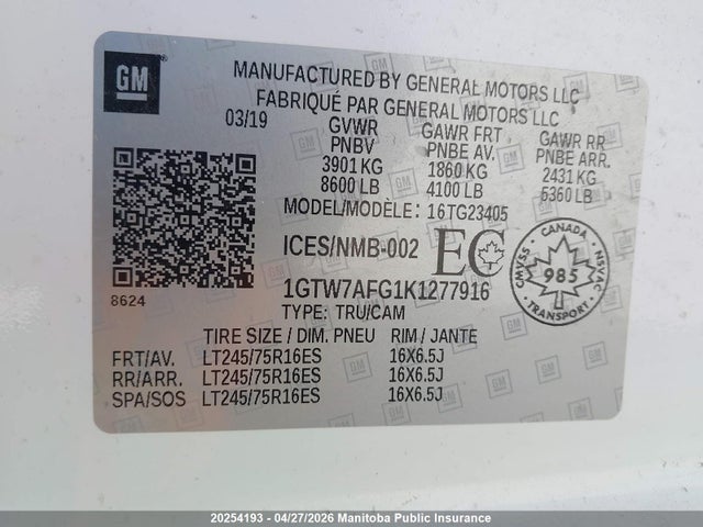1GTW7AFG1K1277916 GMC Savana 2500 Cargo Van