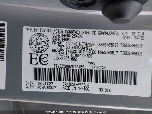 20254197 :رقم المزاد ، 3TYCZ5AN6MT034591 vin ، 2021 Toyota Tacoma Double Cab V6 مزاد بيع