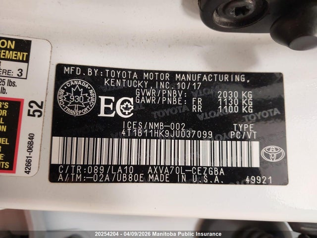 4T1B11HK9JU037099 Toyota CAMRY XLE