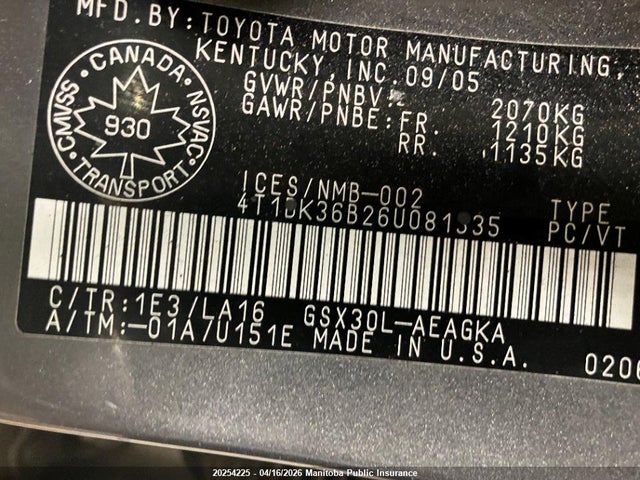 2006 Toyota Avalon Xls მანქანა იყიდება აუქციონზე, vin: 4T1BK36B26U081335, აუქციონის ნომერი: 20254225