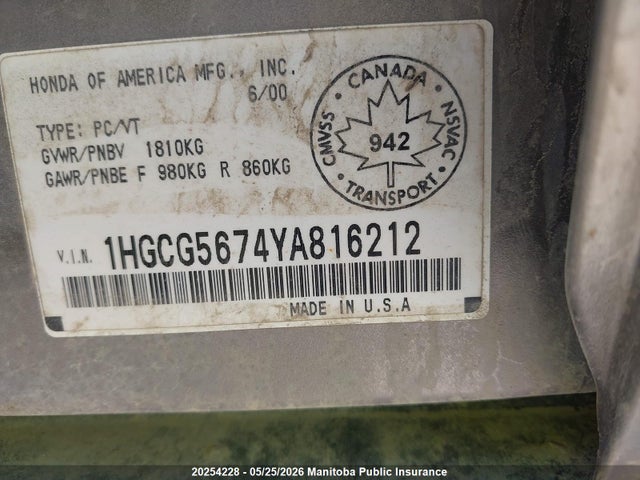 Продаж на аукціоні авто 2000 Honda Accord Se, vin: 1HGCG5674YA816212, номер лоту: 20254228