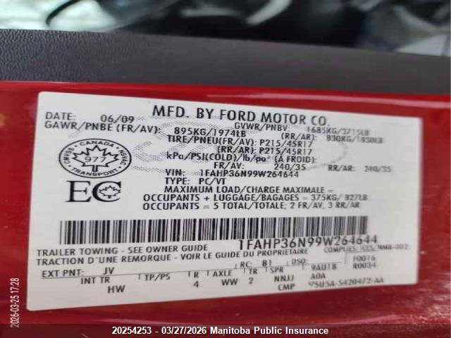 Aukcja sprzedaży 2009 Ford Focus Ses, vin: 1FAHP36N99W264644, numer aukcji: 20254253