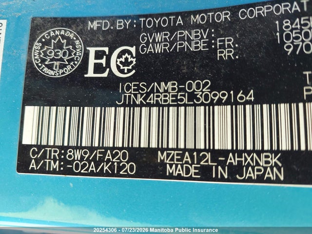 Toyota COROLLA SE 2020 JTNK4RBE5L3099164 Image 9