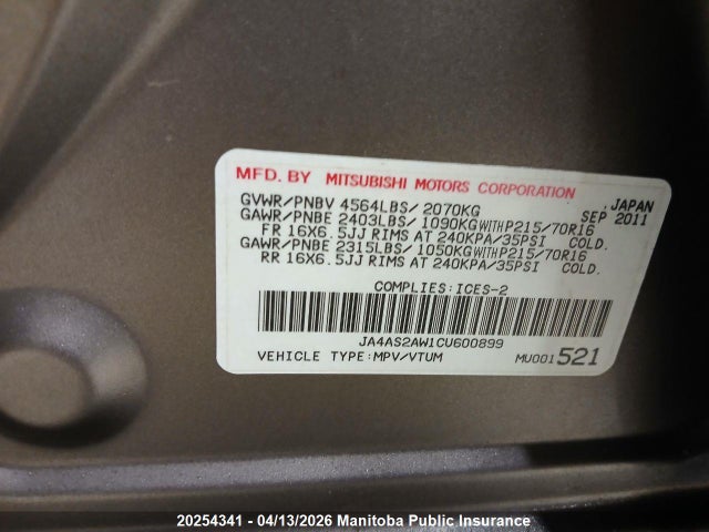 Aukcja sprzedaży 2012 Mitsubishi Outlander Se, vin: JA4AS2AW1CU600899, numer aukcji: 20254341
