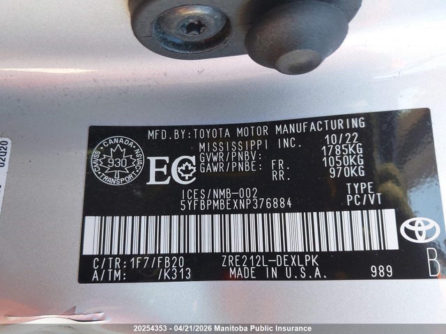 2022 Toyota Corolla Le მანქანა იყიდება აუქციონზე, vin: 5YFBPMBEXNP376884, აუქციონის ნომერი: 20254353