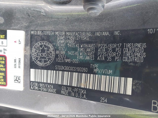 2012 Toyota Sienna V6 მანქანა იყიდება აუქციონზე, vin: 5TDZK3DC0CS193260, აუქციონის ნომერი: 20254357