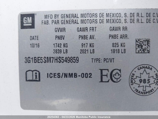 3G1BE5SM7HS549859 Chevrolet Cruze Lt Turbo