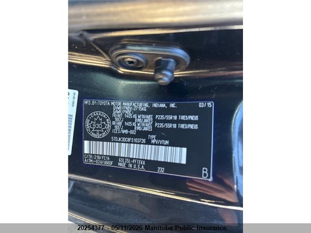 20254377 :رقم المزاد ، 5TDJK3DC8FS103726 vin ، 2015 Toyota Sienna Le V6 Le V6 مزاد بيع