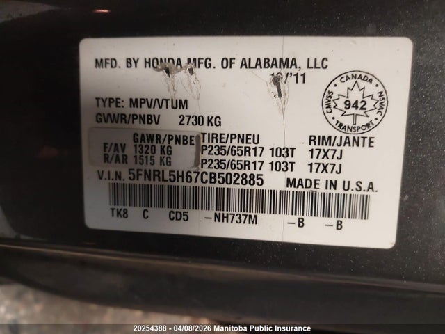 Aukcja sprzedaży 2012 Honda Odyssey Ex-l, vin: 5FNRL5H67CB502885, numer aukcji: 20254388