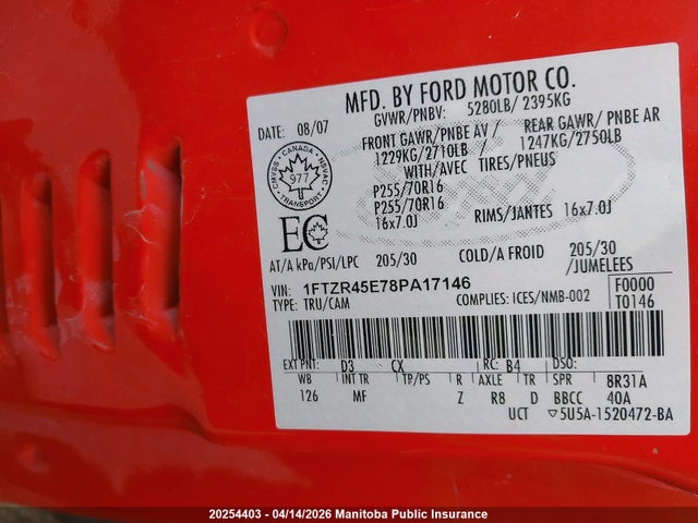 2008 Ford Ranger Fx4 Supercab მანქანა იყიდება აუქციონზე, vin: 1FTZR45E78PA17146, აუქციონის ნომერი: 20254403