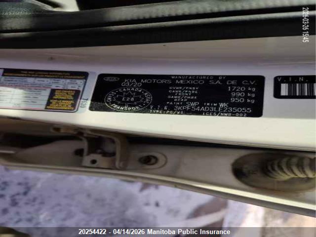 20254422 :رقم المزاد ، 3KPF54AD3LE235055 vin ، 2020 Kia Forte Ex+ مزاد بيع