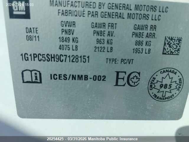 Aukcja sprzedaży 2012 Chevrolet Cruze Ls, vin: 1G1PC5SH9C7128151, numer aukcji: 20254425