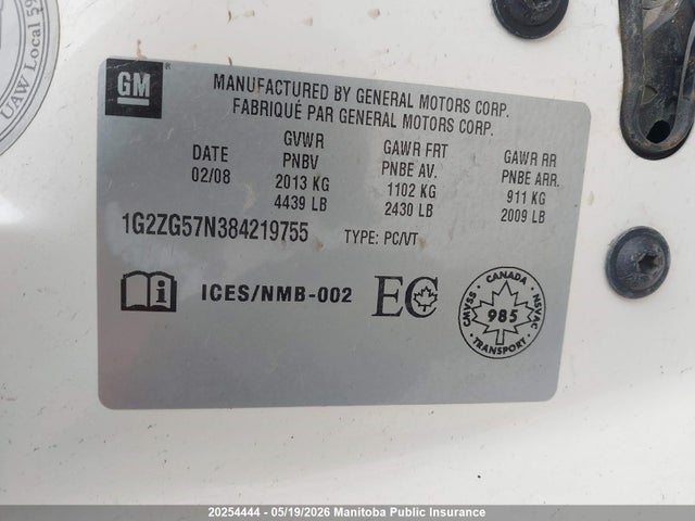 2008 Pontiac G6 მანქანა იყიდება აუქციონზე, vin: 1G2ZG57N384219755, აუქციონის ნომერი: 20254444