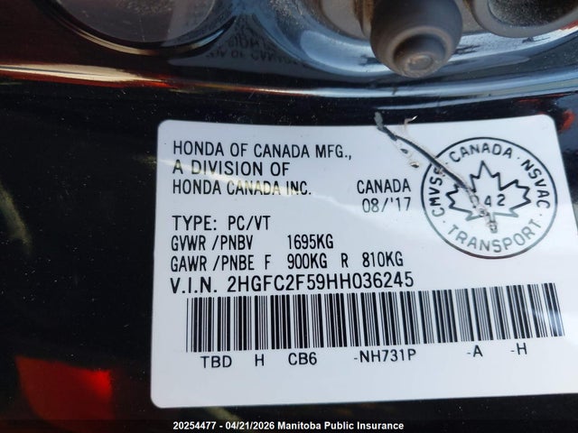 Aukcja sprzedaży 2017 Honda Civic Lx, vin: 2HGFC2F59HH036245, numer aukcji: 20254477