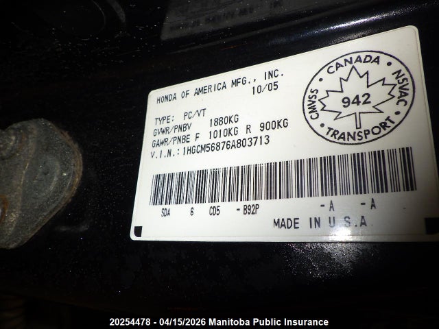 Aukcja sprzedaży 2006 Honda Accord Ex, vin: 1HGCM56876A803713, numer aukcji: 20254478