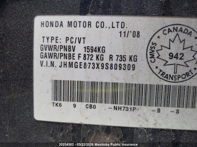 2009 Honda Fit Dx მანქანა იყიდება აუქციონზე, vin: JHMGE873X9S809309, აუქციონის ნომერი: 20254502
