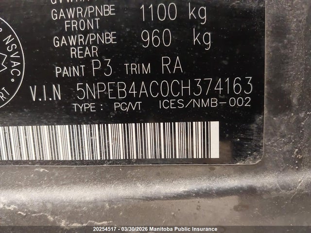 20254517 :رقم المزاد ، 5NPEB4AC0CH374163 vin ، 2012 Hyundai Sonata Gl مزاد بيع