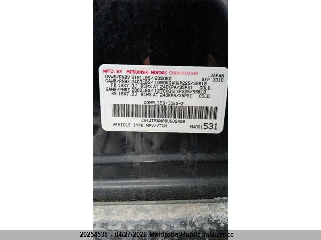 Aukcja sprzedaży 2011 Mitsubishi Outlander Xls, vin: JA4JT5AX8BU602428, numer aukcji: 20254538