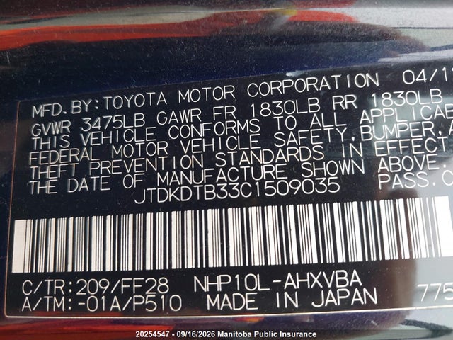 Auction sale of the 2012 Toyota Prius C, vin: JTDKDTB33C1509035, lot number: 20254547