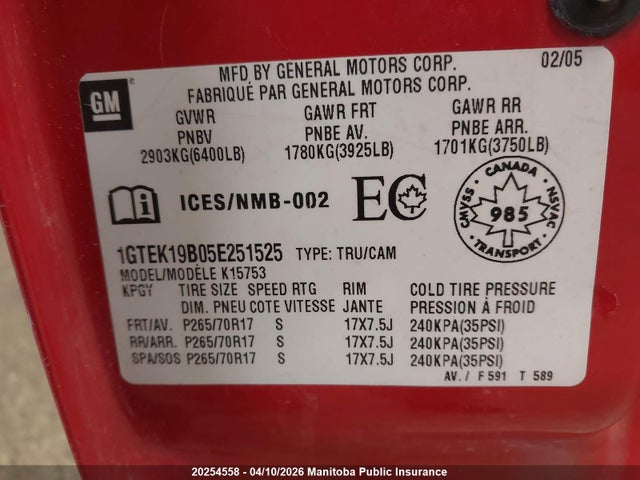 Aukcja sprzedaży 2005 Gmc Sierra 1500 Sle Ext Cab, vin: 1GTEK19B05E251525, numer aukcji: 20254558
