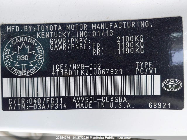 2013 Toyota Camry Xle Hybrid მანქანა იყიდება აუქციონზე, vin: 4T1BD1FK2DU067821, აუქციონის ნომერი: 20254576