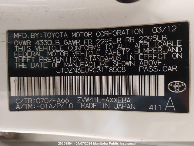 20254594 :رقم المزاد ، JTDZN3EU9C3118508 vin ، 2012 Toyota Prius V مزاد بيع