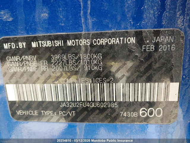 JA32U2FU4GU602985 Mitsubishi Lancer Limited