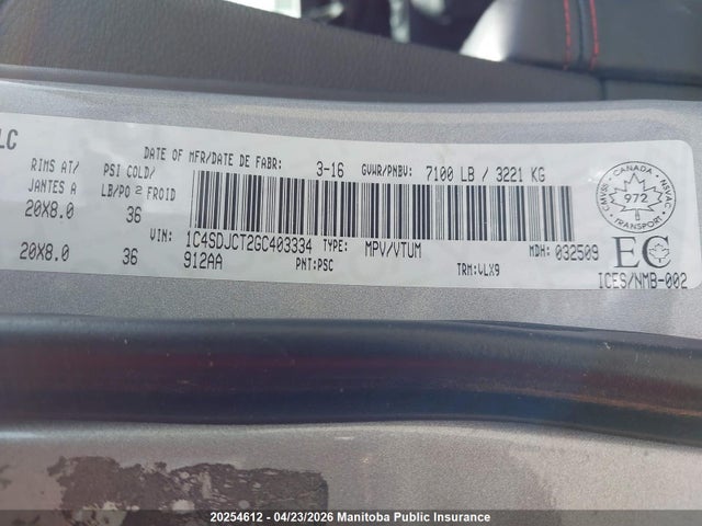 20254612 :رقم المزاد ، 1C4SDJCT2GC403334 vin ، 2016 Dodge Durango R/t مزاد بيع